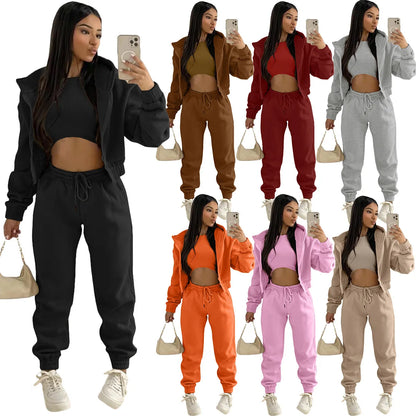 3pcs Women's Clothing Set Fleece-lined Hooded Sweater &Sleeveless Tank Top & Sports Sweatpants Pants