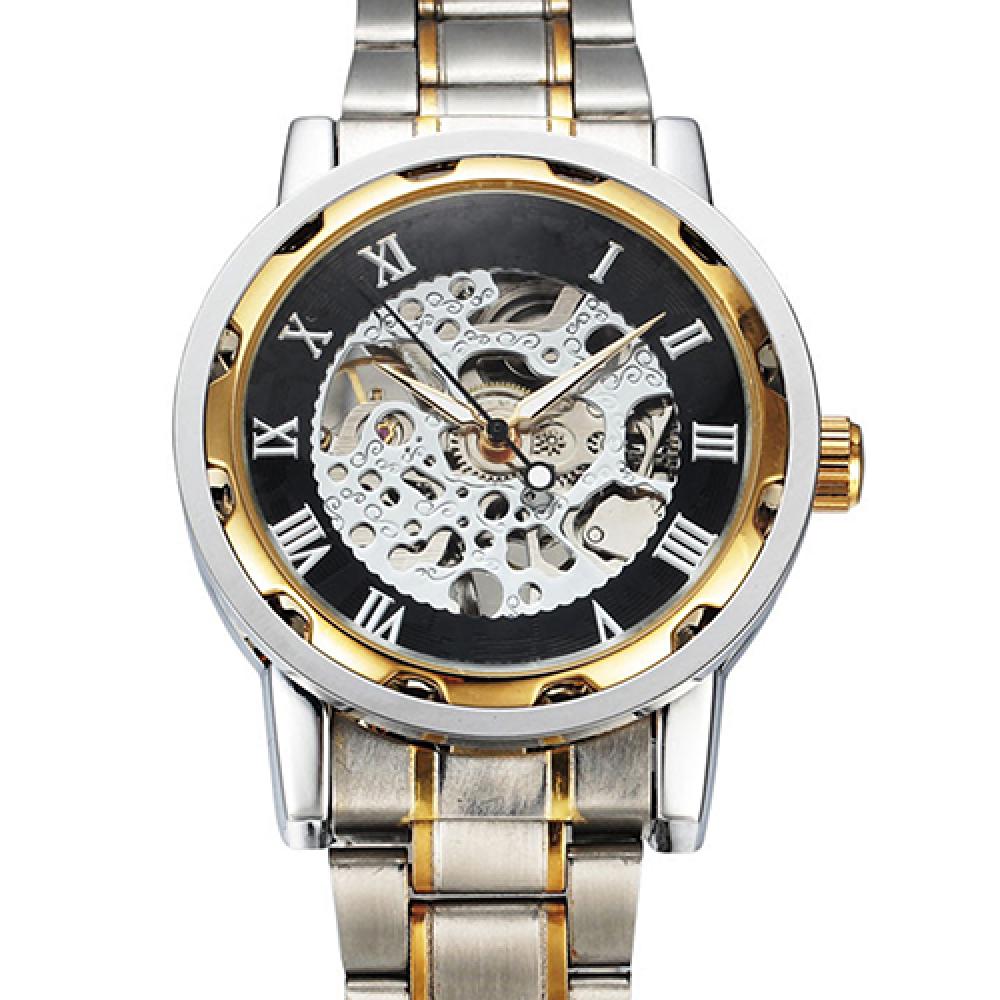 Men Skeleton Roman Numerals Hollow Dial Stainless Steel Band Mechanical Watch Hand-winding Vintage Roman Numeral Steampunk Watch