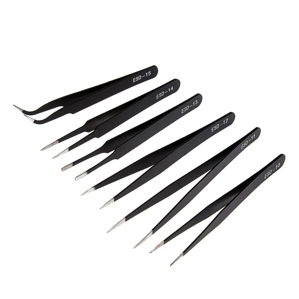 6pcs Anti-Static Stainless Steel Tweezers Precision Maintenance Industrial Repair Curved Working Model Making Hand Tool