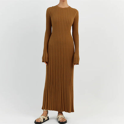 90s Vintage Tie Waist Dress Women Elegant Ribbed Knit Full Sleeve Maxi Dress Crew Neck Bodycon Pencil Long Dress Streetwear