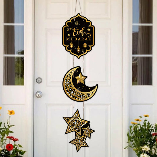 Eid Mubarak Moon Star Door Hanging Ramadan Kareem Decorations For Home 2025 Islamic Muslim Party Supplies Chandelier Wall Banner