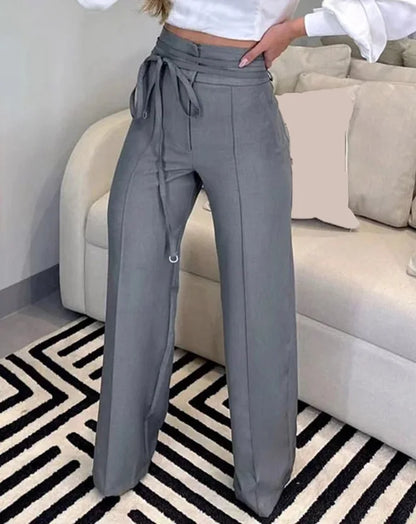 Women's Pants 2023 Spring Fashion Tied Detail Straight Leg Elegant Plain High Waist Long Work Pants Office Lady