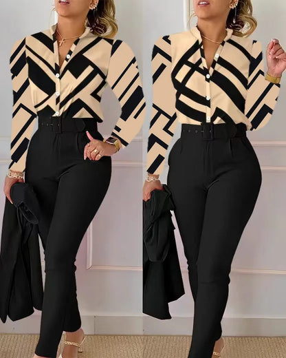 Elegant Women Shirt Two Piece Set Suits Fall New Fashion Print Long Sleeve Top Black Pants Set With Belt Blouses Female Clothing