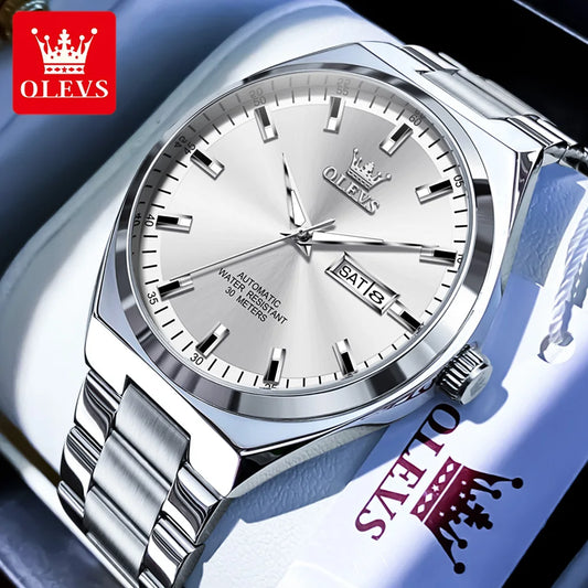 OLEVS Automatic Mechanical Wristwatch for Men Stainless Steel Classic Dual Calendar Business Man Watch Luxury Brand Men's Watch