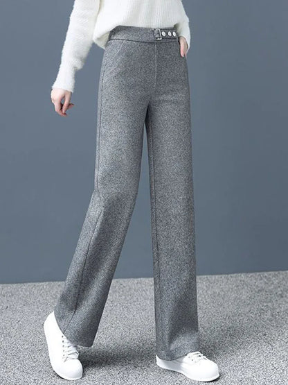 Women Casual Woolen Baggy Wide Leg Pants Korean Fashion Elastic High Waist Straight Pantalones Formal Loose Calcas Feminina 2024