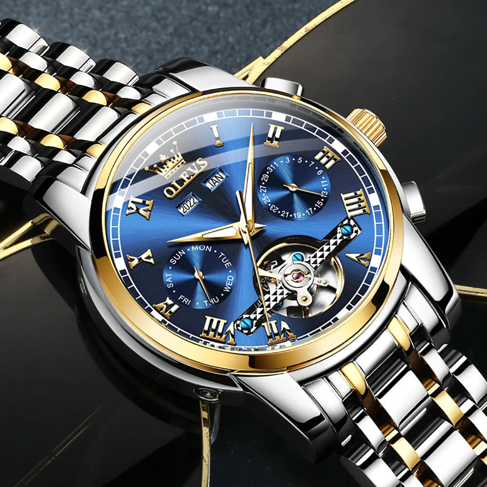 OLEVS Top Brand Men's Watches waterproof Fully Automatic Mechanical Watch Calendar Week Hollow Out Luminous Male Wristwatch