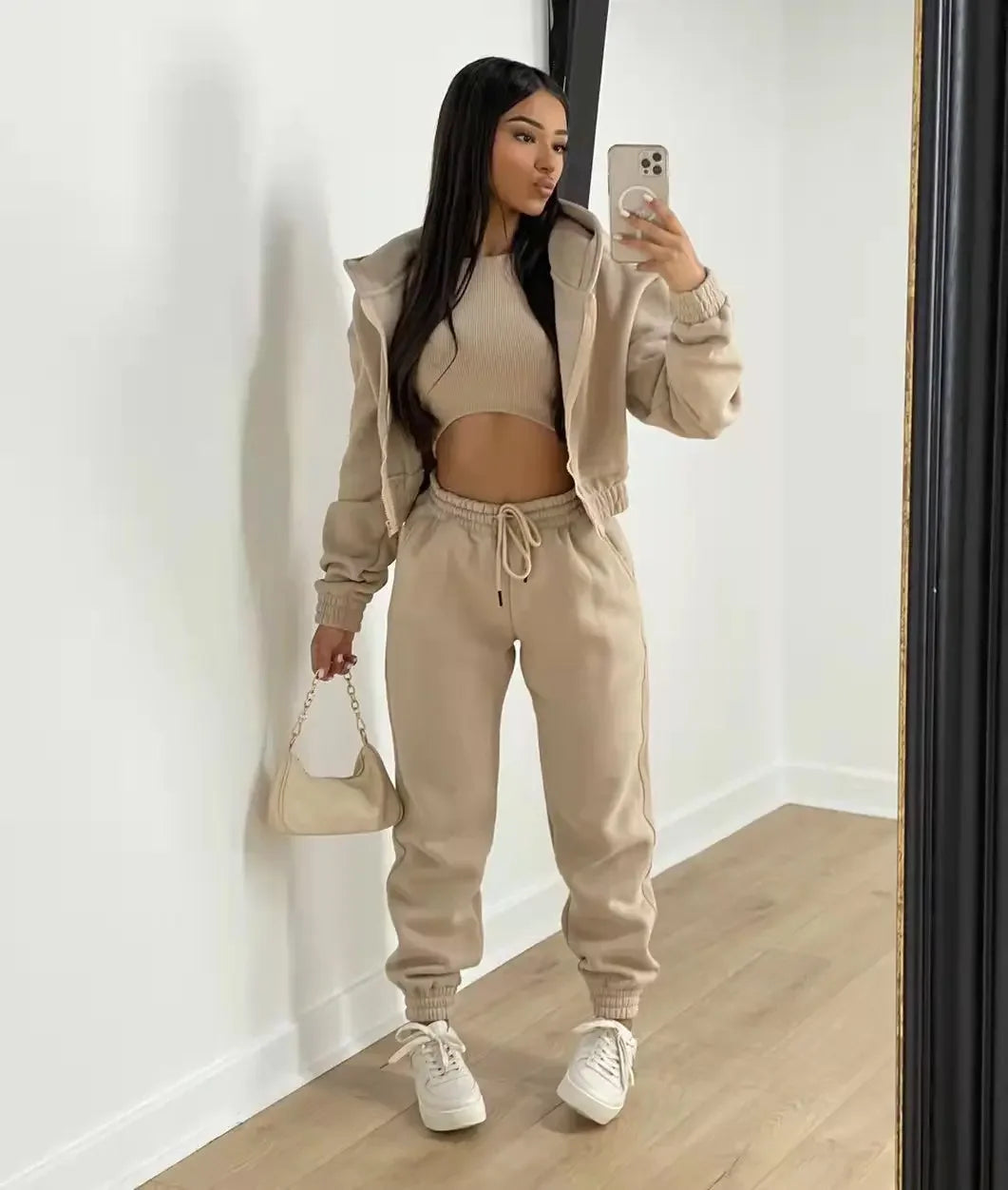 3pcs Women's Clothing Set Fleece-lined Hooded Sweater &Sleeveless Tank Top & Sports Sweatpants Pants