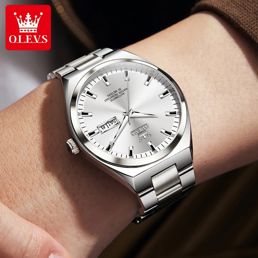 OLEVS Automatic Mechanical Wristwatch for Men Stainless Steel Classic Dual Calendar Business Man Watch Luxury Brand Men's Watch