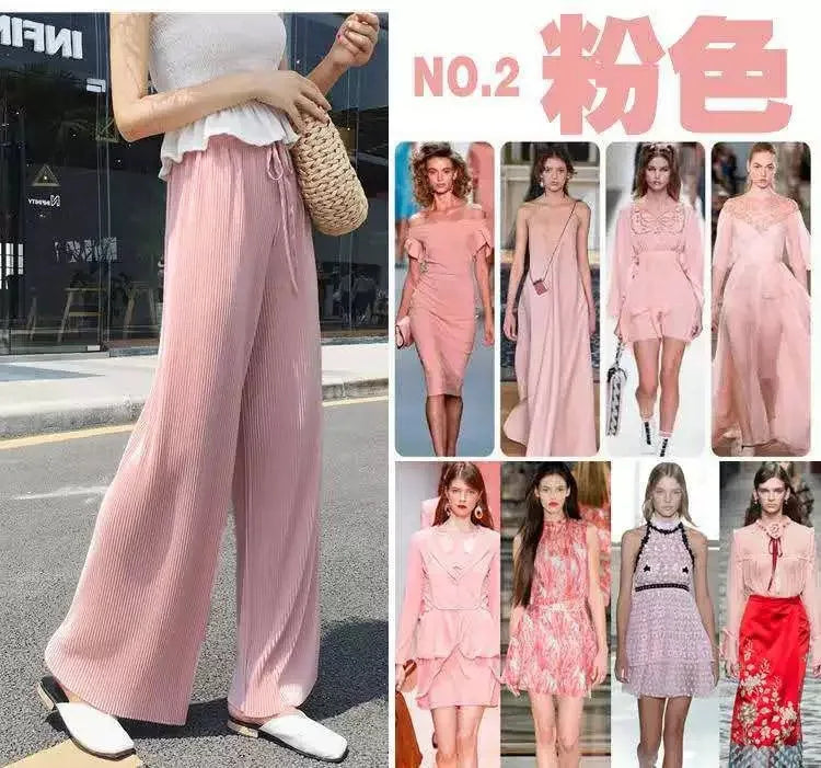 Women Fashion Summer Wide Leg Pants Pleated Ice Silk Trousers Elastic Waist Loose Casual Pants