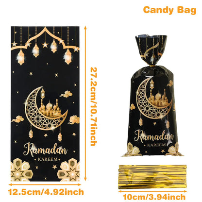 25/50/100Pcs EID Mubarak Gift Cookie Bags With Strap Candy Baking Packaging Bag 2025 Ramadan Decor Muslim Islamic Party Supplies