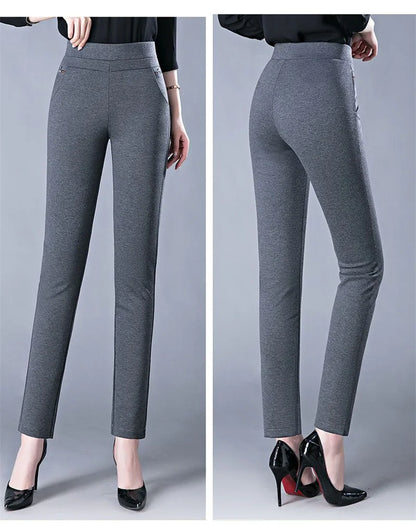 Spring Winter Elegant High Waist Casual Stretch Slim Middle Aged Women Trousers Ladies Fashion All Match Black Gray Pencil Pants