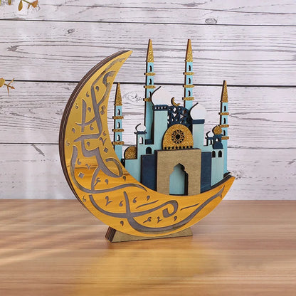 EID Mubarak LED Light Wooden Moon Mosque Table Ornaments Ramadan Decor Night Lights 2025 Islam Muslim Party Decoration Supplies