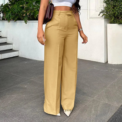 Stigende Wide Leg Straight Dress Pants with Pocket Women Plain Color Business Casual Pants Loose Fit Midi Waist Office Trousers