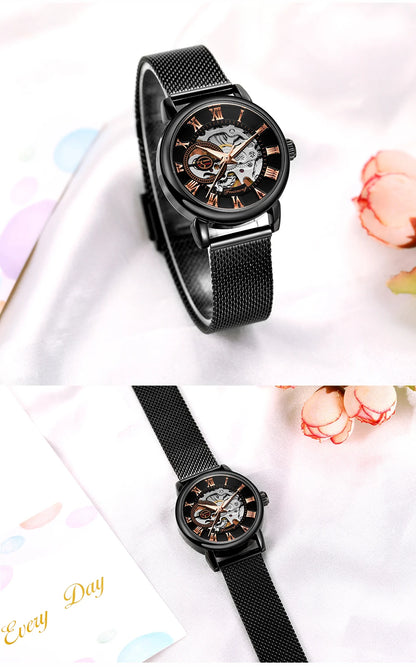 Fashion Montre Femme Forsining Women's Watch Rose Gold Stailess Steel Case Skeleton Womens Mechanical Hand Wind Ladies Wrist