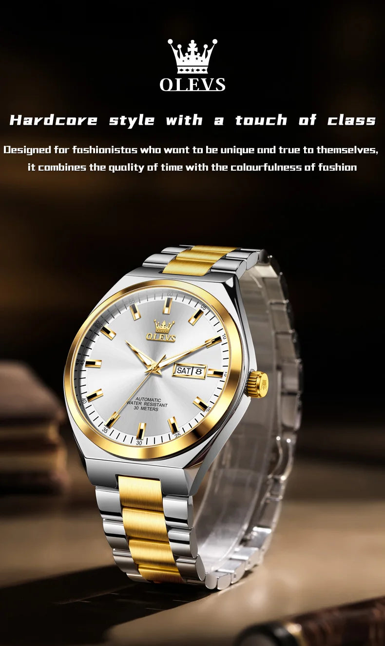 OLEVS Automatic Mechanical Wristwatch for Men Stainless Steel Classic Dual Calendar Business Man Watch Luxury Brand Men's Watch