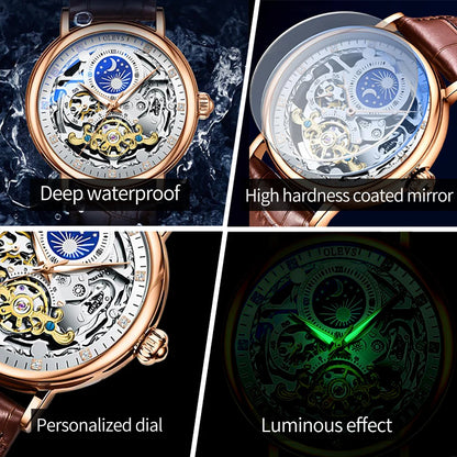 OLEVS Moon Phase Mechanical Watch Men with Dual Time Zone Display Waterproof Automatic Skeleton Mens Watches Top Brand Luxury