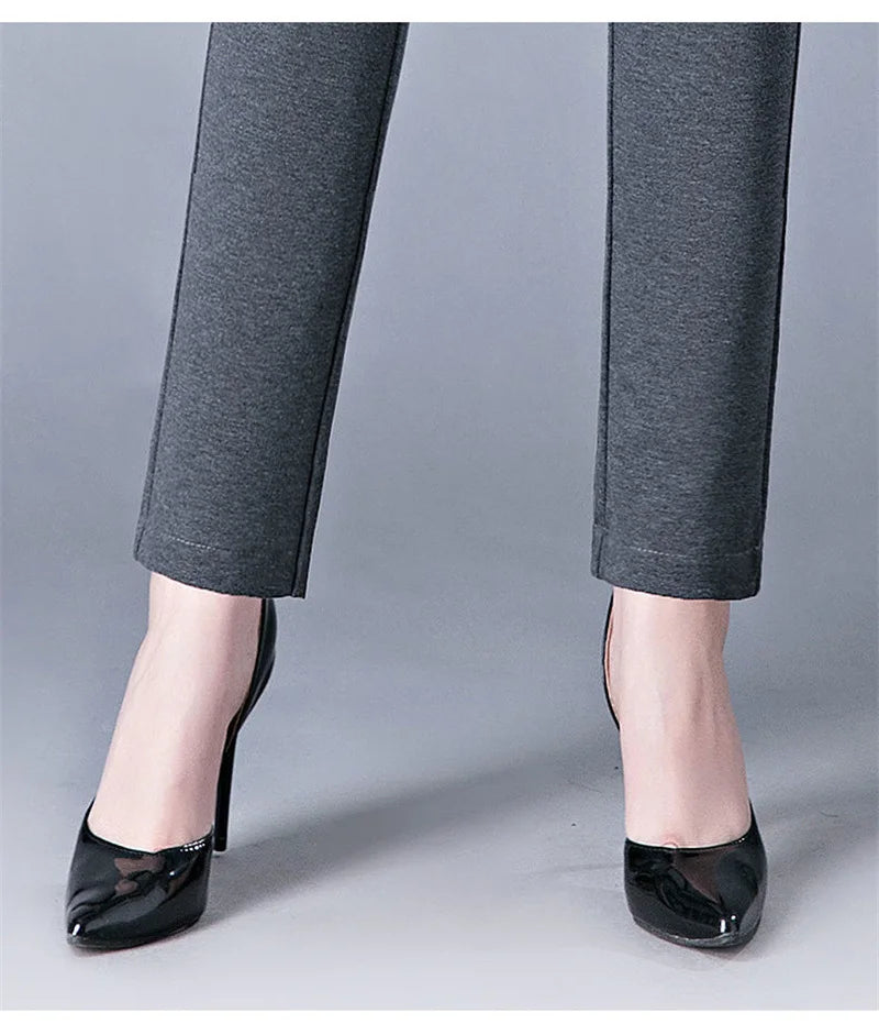 Spring Winter Elegant High Waist Casual Stretch Slim Middle Aged Women Trousers Ladies Fashion All Match Black Gray Pencil Pants