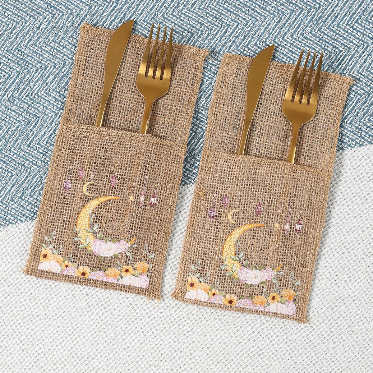 Eid Mubarak Moon Star Knife Fork Bag Ramadan Kareem Decorations For Home 2025 Islamic Muslim Party Supplies Burlap Tableware Bag