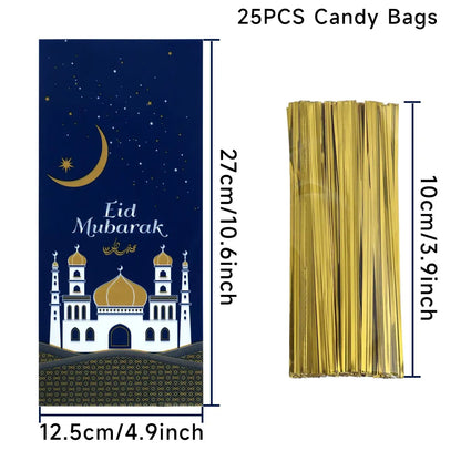 25/50/100pcs Eid Mubarak Gift Packing Bags Plastic Cookie Candy Bags  Kareem Ramadan Decor 2025 Islamic Muslim Party Supplies