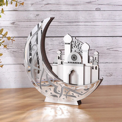 EID Mubarak LED Light Wooden Moon Mosque Table Ornaments Ramadan Decor Night Lights 2025 Islam Muslim Party Decoration Supplies