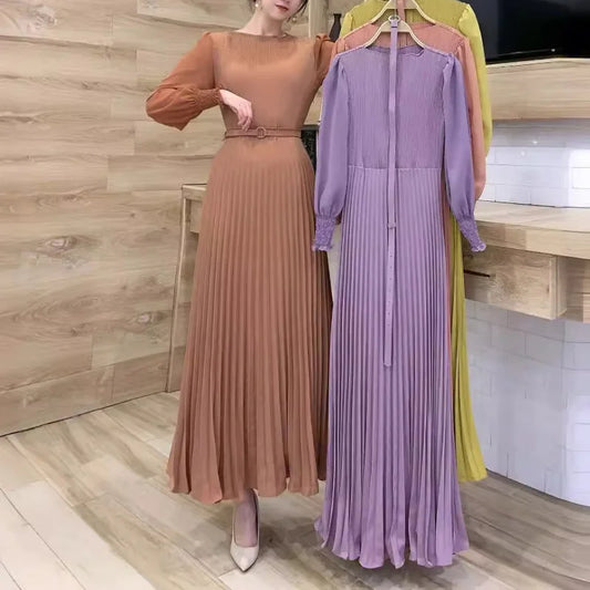 Dress Women Long Dresses A Line Pleated Round Neck Long Sleeve Tight High Waist Belt Slim Sexy Elegant Splice Vestidos 2024