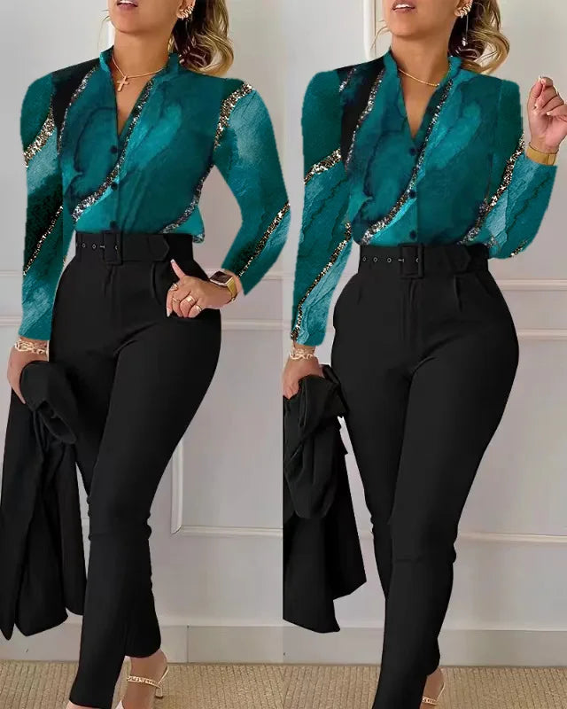 Elegant Women Shirt Two Piece Set Suits Fall New Fashion Print Long Sleeve Top Black Pants Set With Belt Blouses Female Clothing