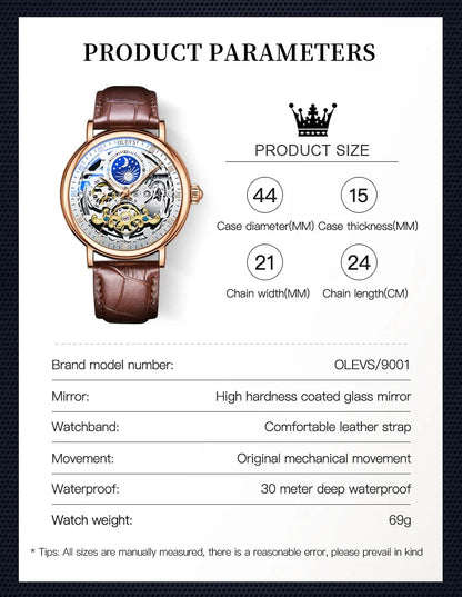 OLEVS Moon Phase Mechanical Watch Men with Dual Time Zone Display Waterproof Automatic Skeleton Mens Watches Top Brand Luxury