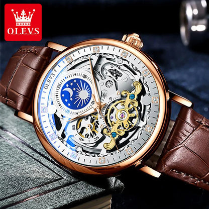 OLEVS Moon Phase Mechanical Watch Men with Dual Time Zone Display Waterproof Automatic Skeleton Mens Watches Top Brand Luxury