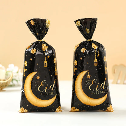 25/50/100Pcs EID Mubarak Gift Cookie Bags With Strap Candy Baking Packaging Bag 2025 Ramadan Decor Muslim Islamic Party Supplies