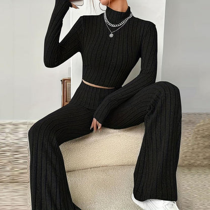 Beige Western Style Knitted Fashion Suit Women New Korean Split Black Sweaters Wide Leg Pants Lady Casual Two-piece Sets