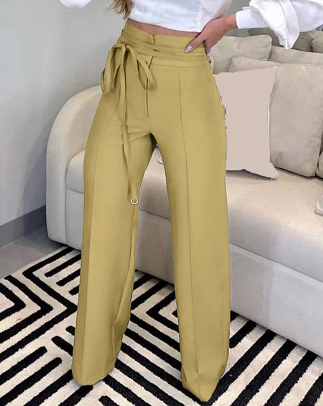 Women's Pants 2023 Spring Fashion Tied Detail Straight Leg Elegant Plain High Waist Long Work Pants Office Lady