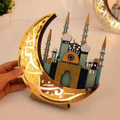 EID Mubarak LED Light Wooden Moon Mosque Table Ornaments Ramadan Decor Night Lights 2025 Islam Muslim Party Decoration Supplies