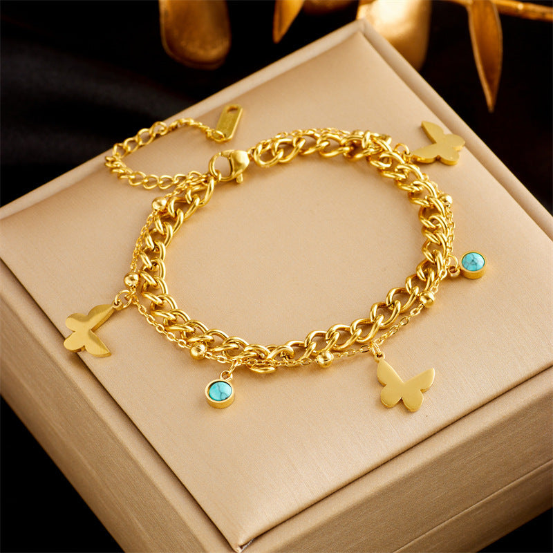 Stainless Steel Gold Plated Punk Fashion Double Layer Bracelet For Women Girl Snake Chain Party Luxury Jewelry