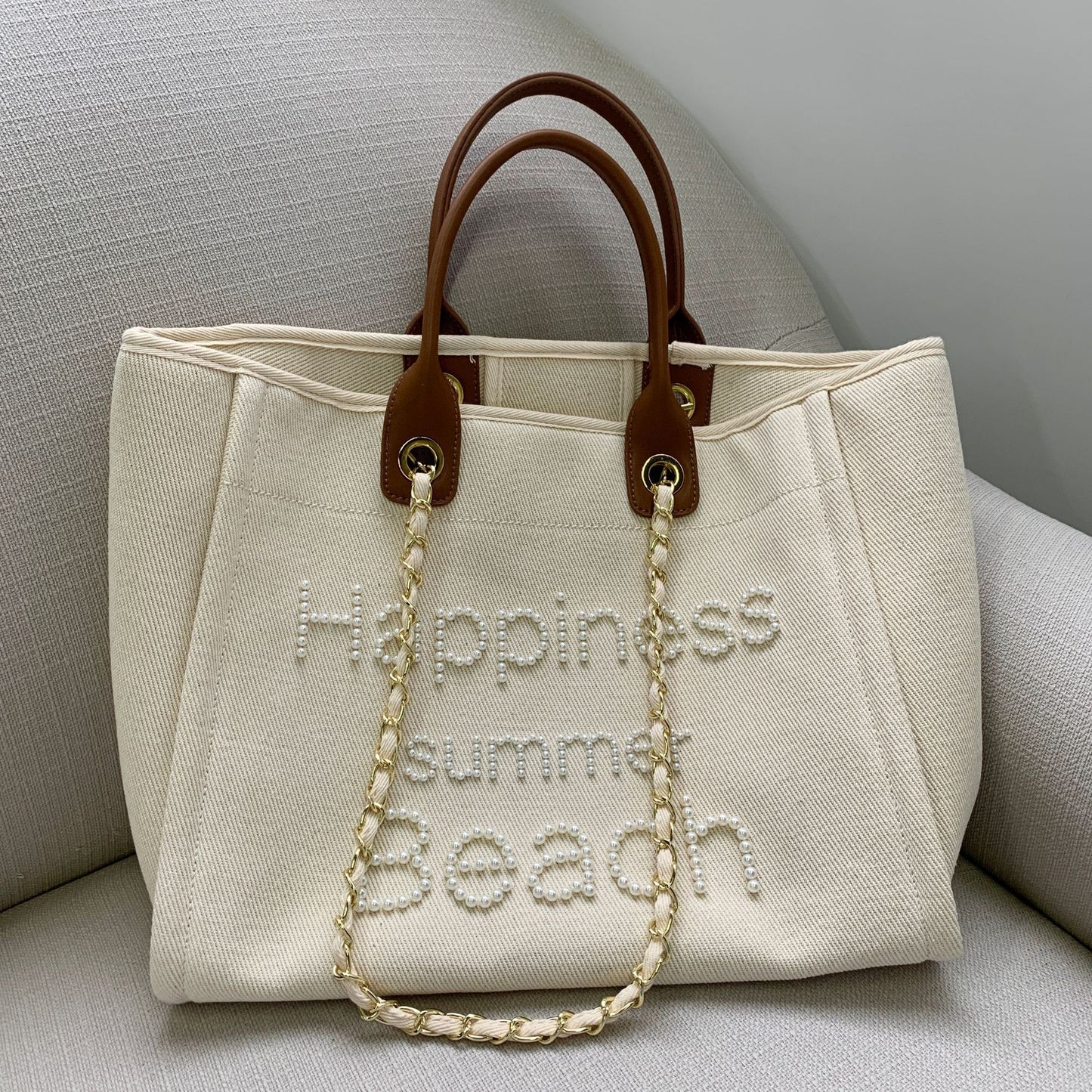 Small Fragrant Canvas With Leather Hand Chain Pearl Beach Bag