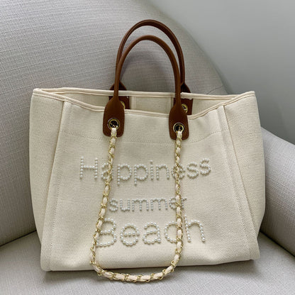 Small Fragrant Canvas With Leather Hand Chain Pearl Beach Bag