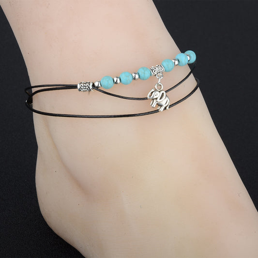 Elephant Yoga Turquoise Beaded Anklet