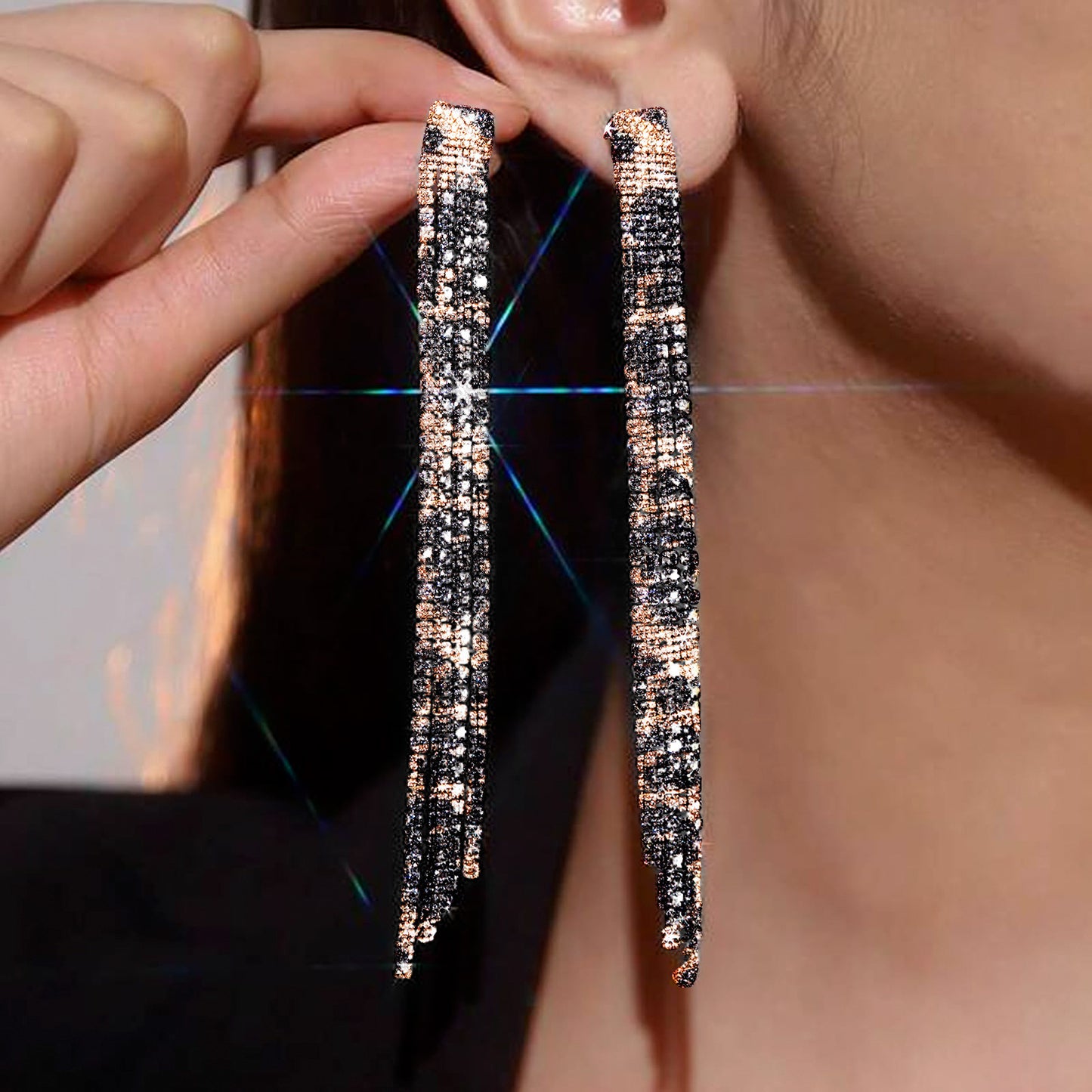 High-grade Diamond-embedded Multi-row Silver Needle Long Fringe Pendant Earrings