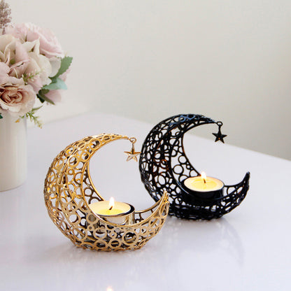 Light Luxury Crescent Moon Star Moon Black Gold Metal Candle Holder Modern Romantic Wedding Christmas Candle Cup Home Decor