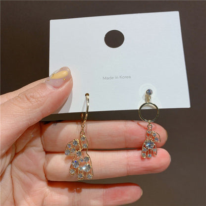 Super Cute Bear Asymmetric Full Diamond Earrings