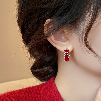 Red Square Zircon Earrings Special-interest Design