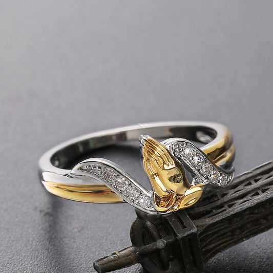 Creative Hands Prayer Color Separation Ring European And American Plated 18K