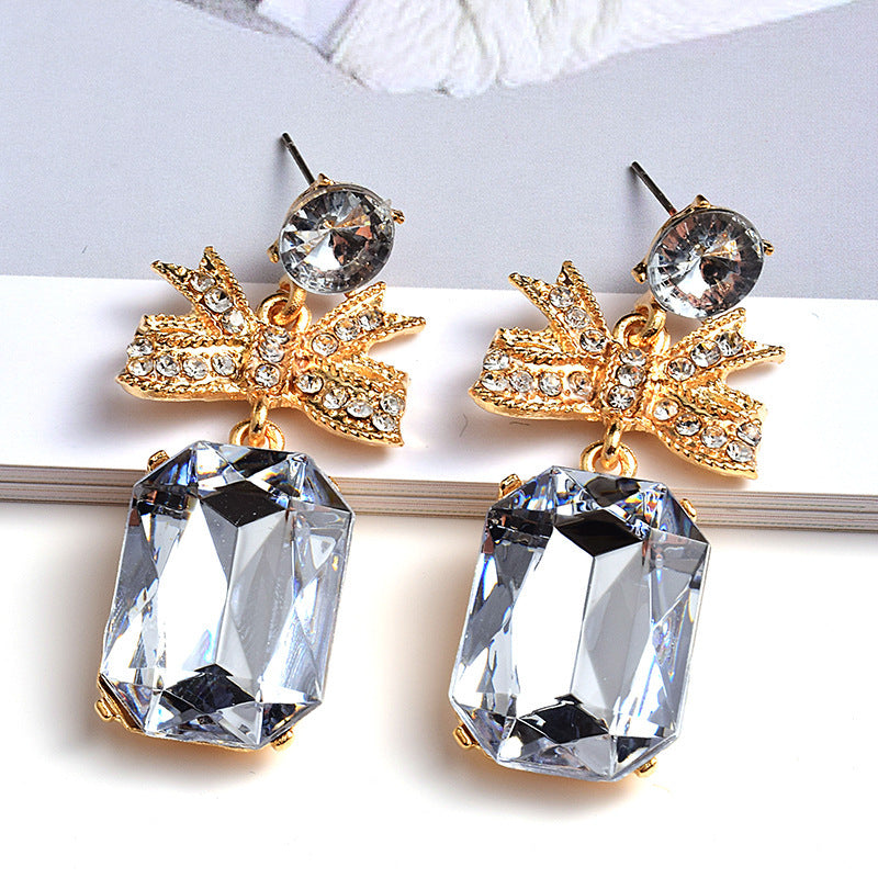 European And American Fashion Earrings Bowknot Rhinestone Metal