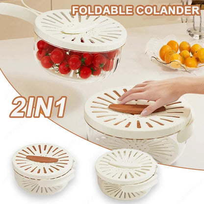 Fruit Drain Basket With Lid Vegetable Washing Bowl Foldable Handle Cleaning Colander Plastic Refrigerator Crisper Kitchen Box Kitchen Gadgets