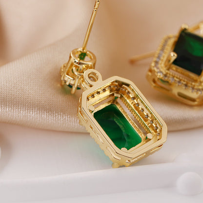 Internet Celebrity Rectangular Full Diamond Green Zircon Stud Earrings High-grade 925 Silver