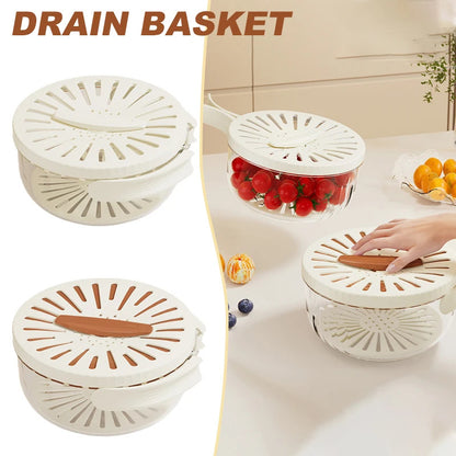 Fruit Drain Basket With Lid Vegetable Washing Bowl Foldable Handle Cleaning Colander Plastic Refrigerator Crisper Kitchen Box Kitchen Gadgets