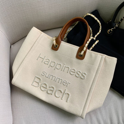 Small Fragrant Canvas With Leather Hand Chain Pearl Beach Bag