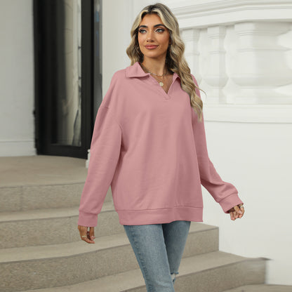 New Lapel V-neck Sweatshirt Fashion Casual Loose Solid Color  Long-sleeved Pullover Top For Womens Clothing