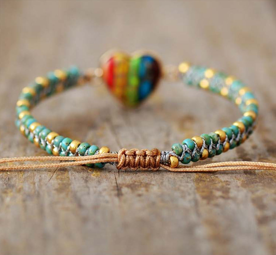 Lovely Natural Emperor Stone Colorful Peach Heart Hand-woven Tassel Friendship Bracelet