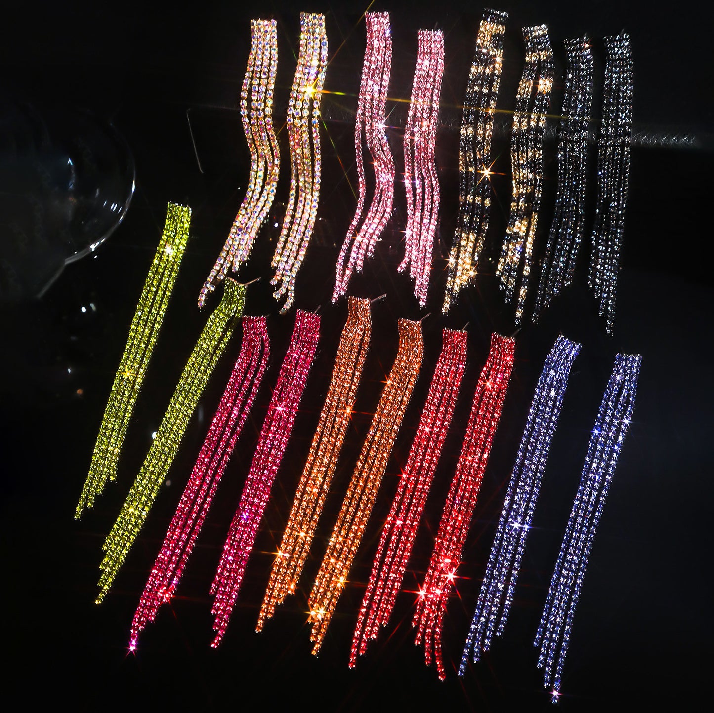 High-grade Diamond-embedded Multi-row Silver Needle Long Fringe Pendant Earrings