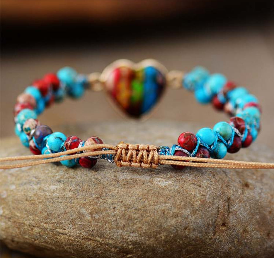 Lovely Natural Emperor Stone Colorful Peach Heart Hand-woven Tassel Friendship Bracelet